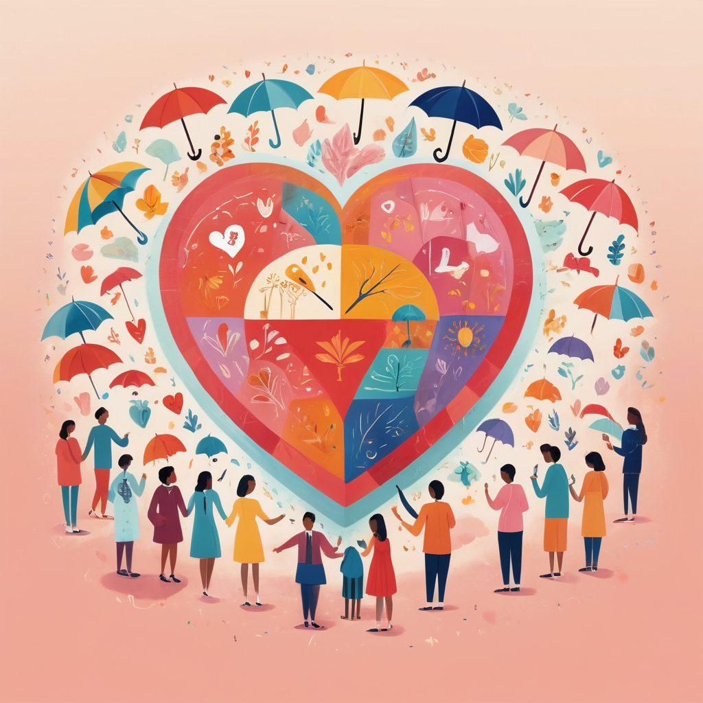 A vibrant illustration of a heart shield, symbolizing love and protection in the context of insurance. Surround the shield with diverse people holding hands, depicting community support. Include subtle icons like umbrellas, locks, and dollar signs in the background to represent security and financial safety. Use soft pastel colors to evoke warmth and trust. painting. vibrant colors.