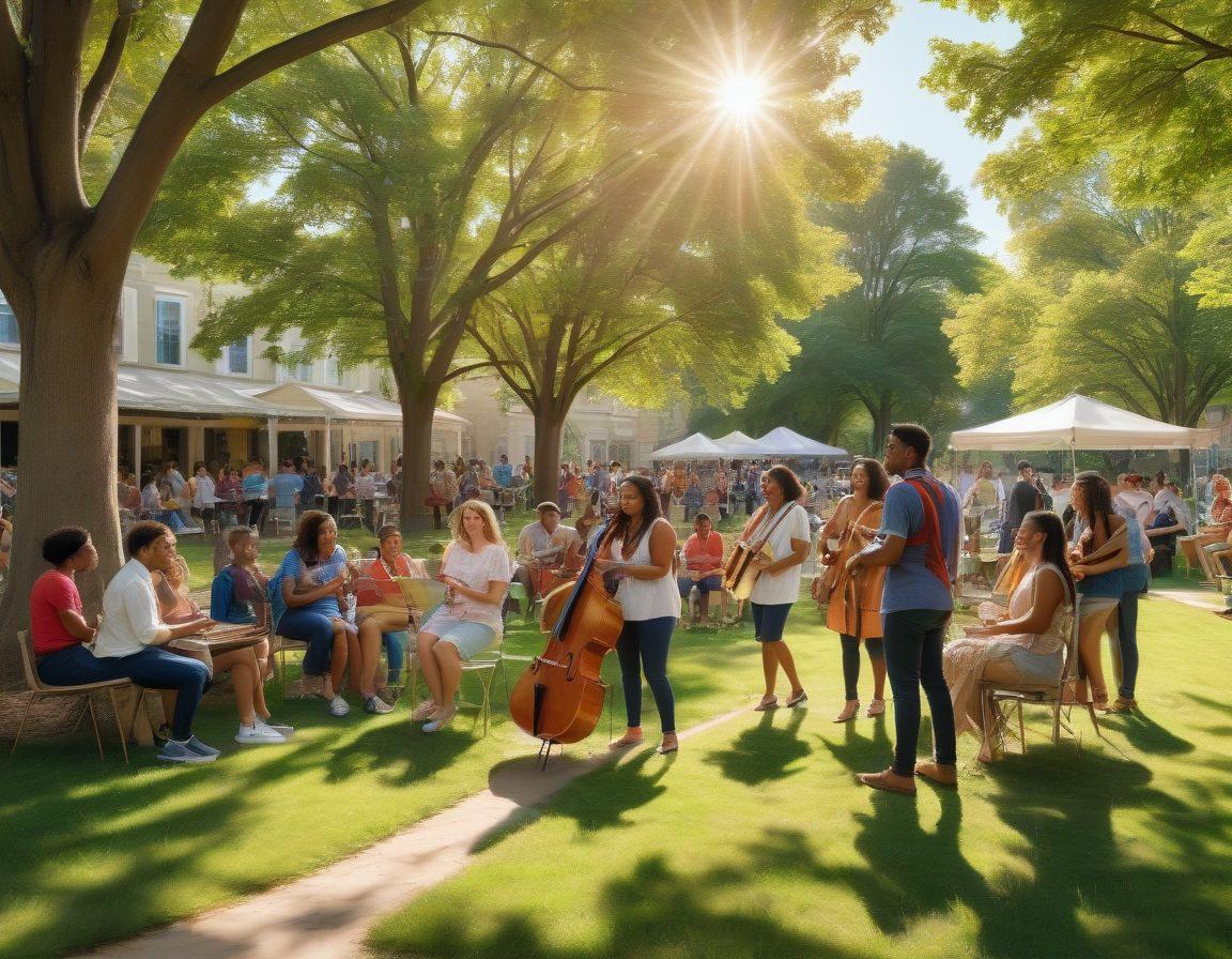 A warm and inviting scene of a diverse community gathered together, sharing their passions such as art, music, and entrepreneurship, with a backdrop illustrating symbols of financial security like insurance documents and safety nets. Sunlight filters through leafy trees, creating a sense of comfort and trust, while happy interactions showcase a loving atmosphere. Soft colors and a touch of whimsy enhance the imagery. vibrant colors. super-realistic. community-focused.