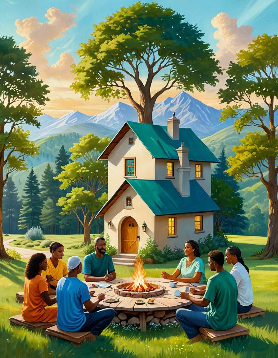 A serene scene of diverse individuals engaged in meaningful interactions, surrounded by protective imagery like shields and helping hands representing insurance. Incorporate symbols of security such as a cozy home in the background, intertwined hands, and calm landscapes. The color scheme should evoke warmth and trust with shades of green and blue. super-realistic. vibrant colors. soft focus.